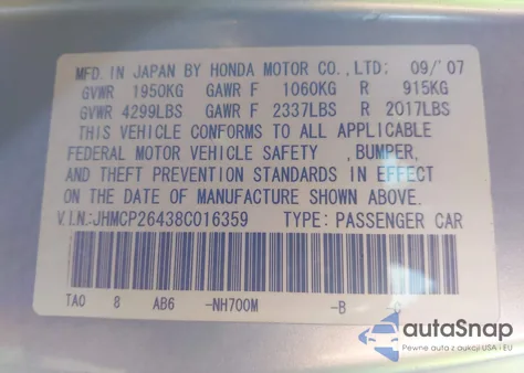 2008 Honda Accord 2.4 Lx-P from USA, damaged, VIN JHMCP26438C016359